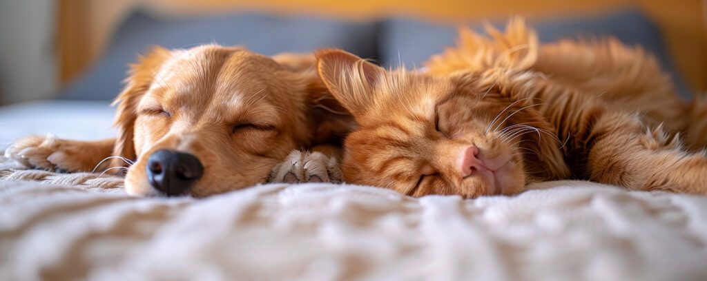 Dog and cat nap side by side, symbolizing surprising bonds of friendship.